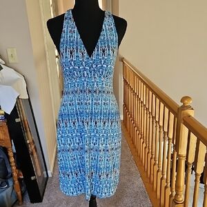 Dakini Blue and White Ruched A-line Midi Dress